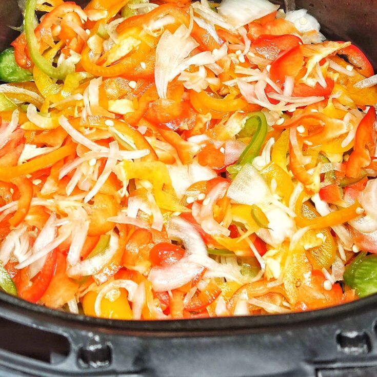 Air fryer Bell Peppers and Onion quick recipe for a yummy and delicious, crunchy side!